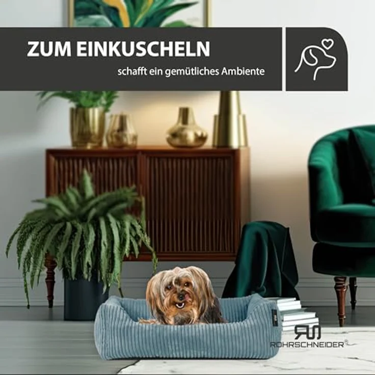 Rohrschneider Tierbett Hundebett Cord für kleine Hunde mit waschbarem Bezug inkl. Futternapf, antiruschbeschichtete Unterseite – Bild 6