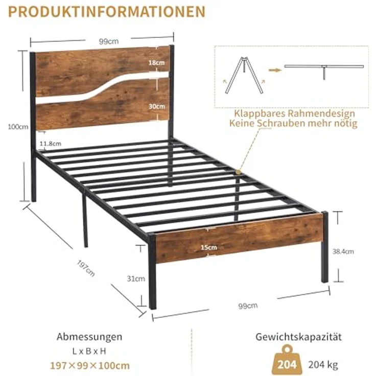 VECELO Bettgestell 90x200 cm Bettrahmen aus Metall mit Lattenrost, Einzelbett Metallbett mit Dick Holzkopfteil, Vintage Gästebett Jugendbett, Perfekt für Schlafzimmer, Braun – Bild 3