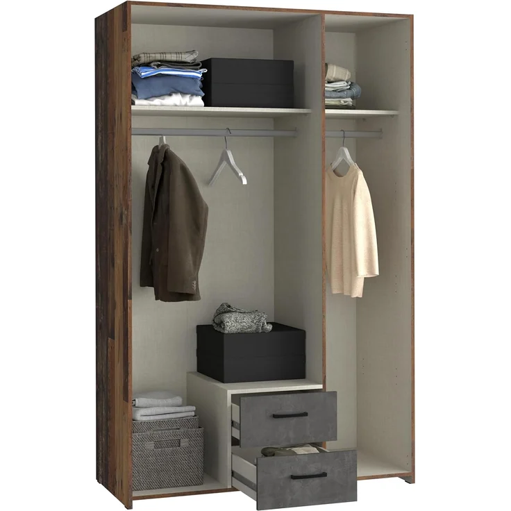 Forte ECONOBOX Kleiderschrank 120, rustikal, 3-türig, 2 Schubladen, Spiegel, Einlegeböden, Holzwerkstoff, Old Wood Vintage Holzdekor|Betonoptik Grau, 119,4 cm breit x 190,5 cm hoch x 54,4 cm tief – Bild 10