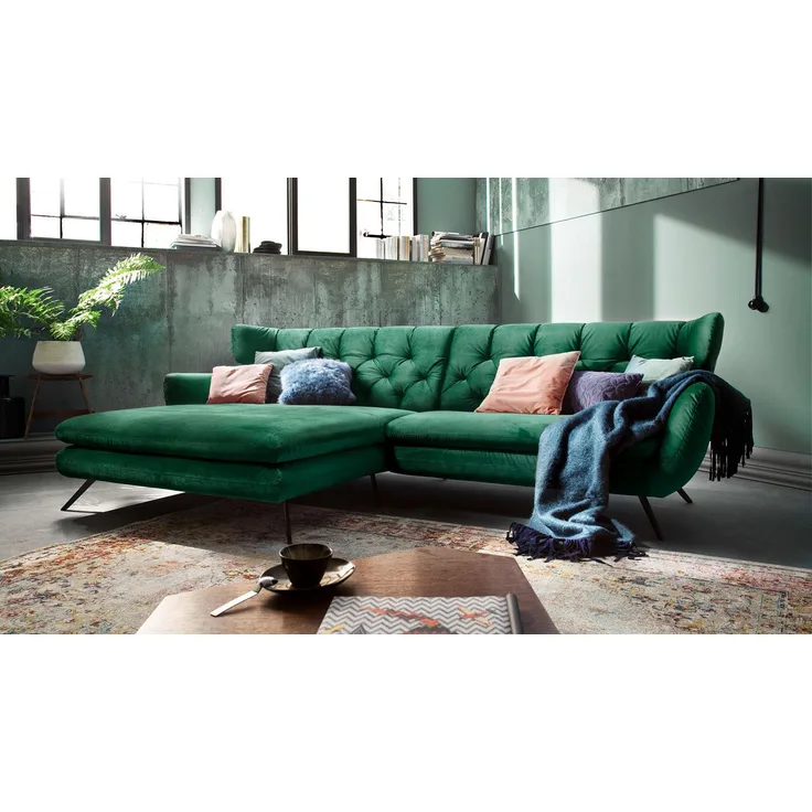 Candy 'Sixty' Ecksofa, Eckgarnitur links, Stoff Velour smaragd grün, 300x175 cm