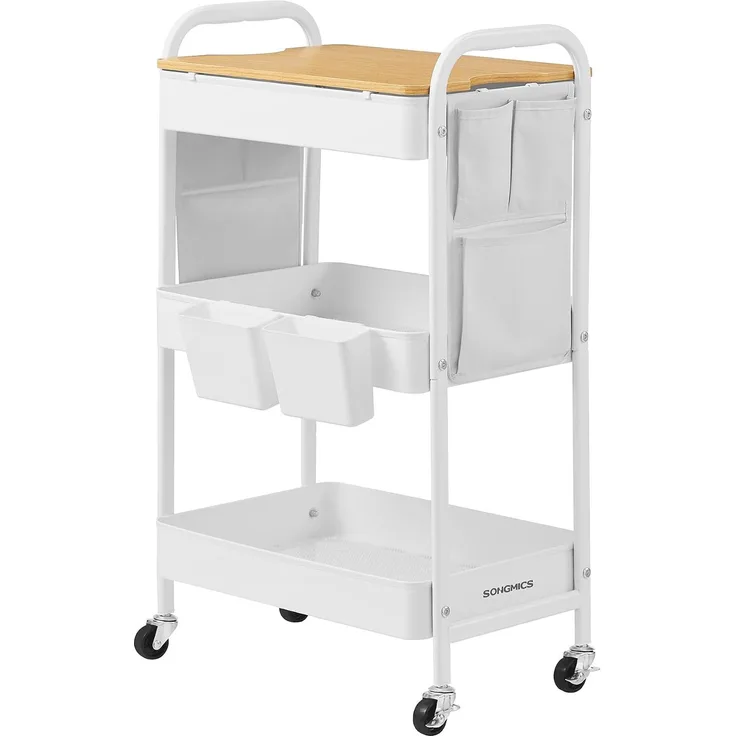 Songmics Rollwagen, Küchenwagen, 3 Metallgitterablagen, Servierwagen, 2 abnehmbare Hängebehälter, 2 Organizer, für Büro, Küche Wohnzimmer, Badezimmer,