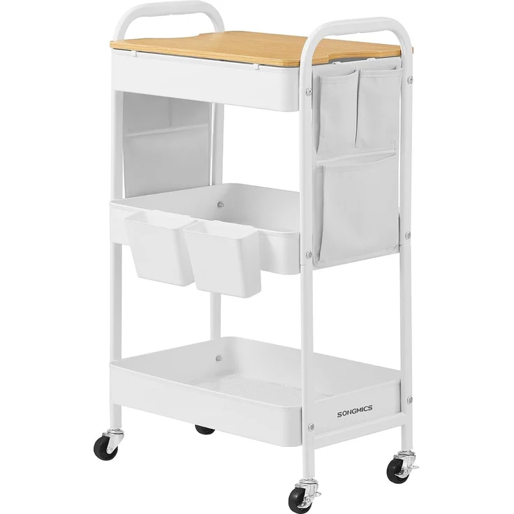 Songmics Rollwagen, Küchenwagen, 3 Metallgitterablagen, Servierwagen, 2 abnehmbare Hängebehälter, 2 Organizer, für Büro, Küche Wohnzimmer, Badezimmer, – Bild 1