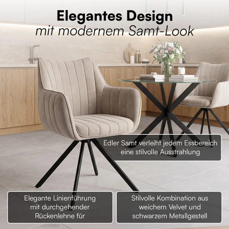 skølm 'Gymir' Esszimmerstühle, 6er Set, macchiato, gepolsterter Leinenbezug mit Kanalsteppung, drehbar & höhenverstellbar, Polsterstühle mit Armlehnen, bis 150 kg belastbar – Bild 2