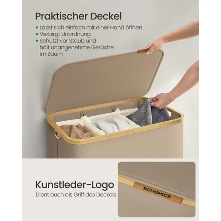 SONGMICS Wäschekorb mit Deckel und herausnehmbarem Wäschesack, zusammenklappbar, Bambus / Oxford-Gewebe kamelbraun, 90 l – Bild 4