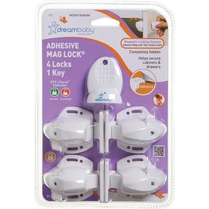 Dreambaby G855 Selbstklebende Unsichtbare Schrank-Kindersicherung Magnetschloss Set 4 Schlösser 1 Schlüssel