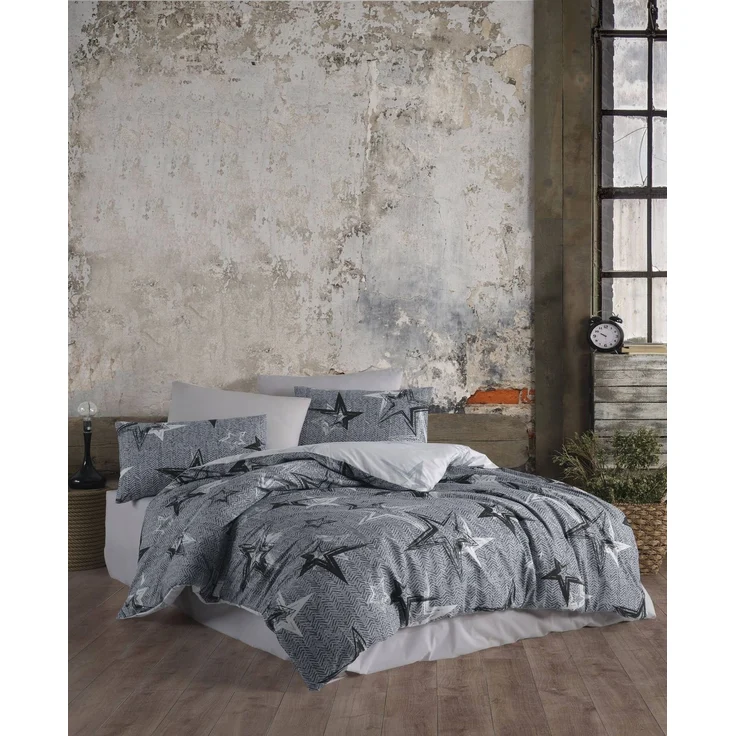 Renforce Wende Bettwäsche grau Sterne 135x200 cm + 80x80 cm Baumwolle