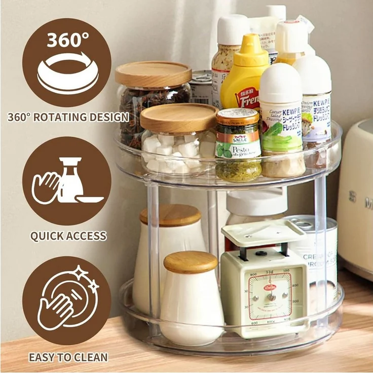 SURFOU Gewürzregal 2 Ebenen Drehteller Organizer, 360° Kühlschrank Drehplatte, Lazy Susan, kühlschrank organizer fridge organizer 360° Drehteller, Multifunktionales Regal, Kosmetik- und Parfümaufbewahrung 1-tlg, 2 Etagen-Diameter 27CM, Küchen Organizer – Bild 2