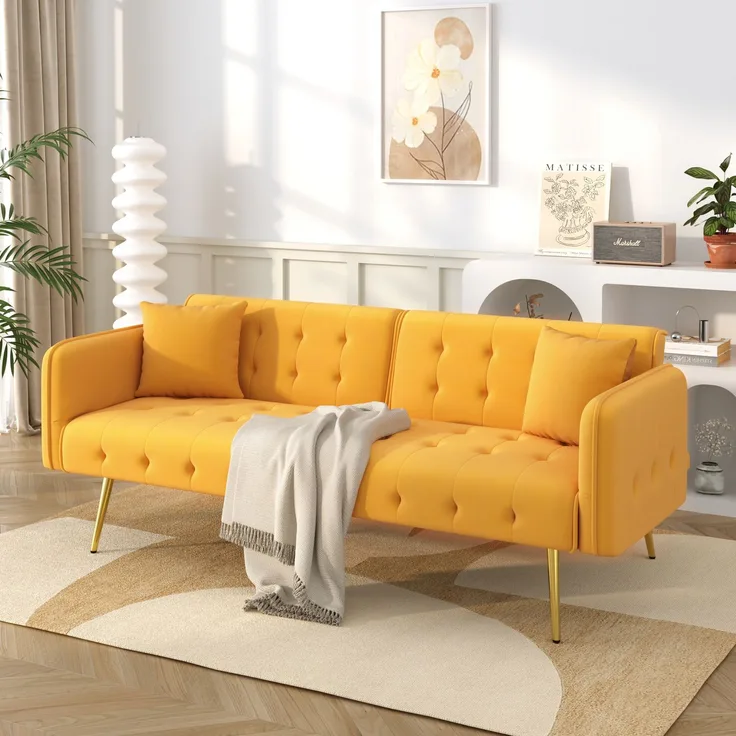 Merax Zweisitzer-Multifunktions-Sofabett mit Bettfunktion, verstellbarer Rückenlehne + mehrstelligen Armlehnen. Faltsofabett Veloursbezug, Gelb