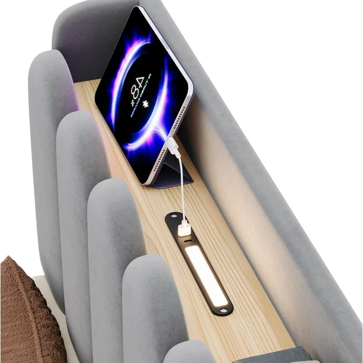 CHICFURN Polsterbett aus Samt grau 90x200 cm mit Bettkasten, LED-Beleuchtung und USB- und Type-C-Anschlüssen – Bild 9