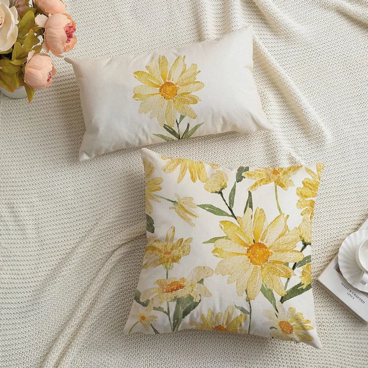 Sommer Kissenbezüge 45×45 cm 4er-Set Gelbe Gänseblümchen, “Hello Sunshine”, Outdoor Sofa Deko – Bild 3