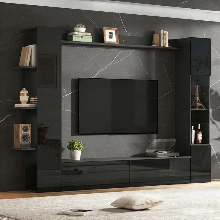 Wohnwand , Vitrinen Türanschlag wechselbar,(Set, 4-St), Kompaktwohnwand mit viel Stauraum,TV-Schrank, Vitrine, Aufbewahrungsschrank, speziell für das Wohnzimmer,Schwarz--Schwarz--245x30x170cm--YOUDENOVA – Bild 2