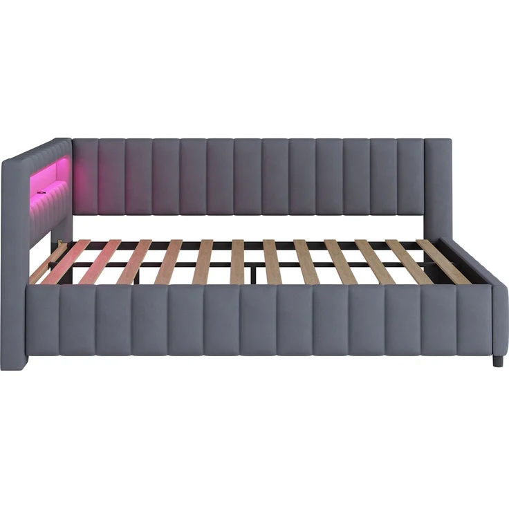 Polsterbett Schlafsofa 140x200 cm mit LED-Licht und USB-Anschluss, ohne Matratze – Bild 7