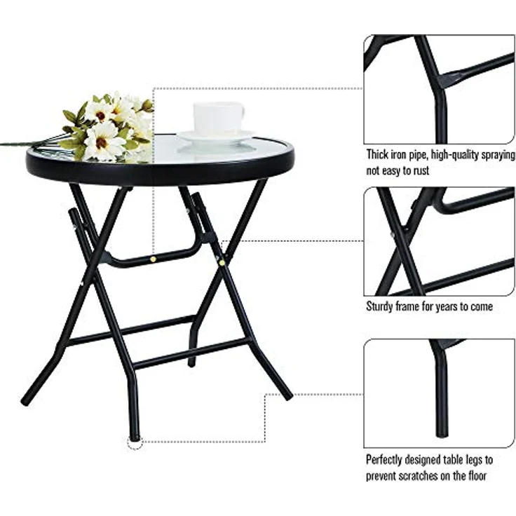 PHI VILLA Klappbar Runder Beistelltisch Glas aus Metall Gartentisch Kaffeetisch Klein Balkontisch wetterfest pflegeleicht für Balkon Garten Terrasse Wohnzimmer – Bild 6