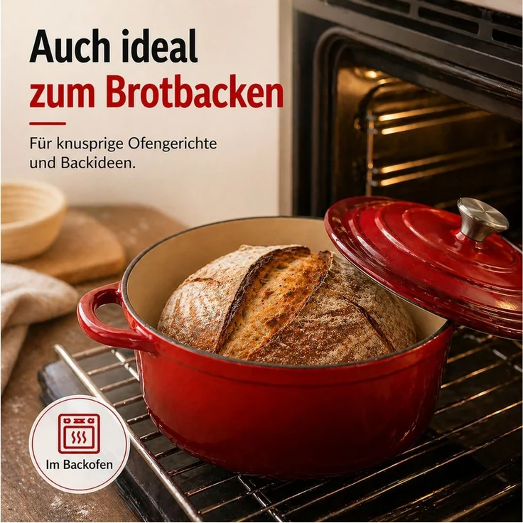 Annastore Bräter Gusseisen Topf emailliert mit Deckel Bräter Brotbacktopf Brottopf, Ofenfest bis 260 Grad, Für Induktion, Gas, Ceran, Elektro, Ofen – Bild 4