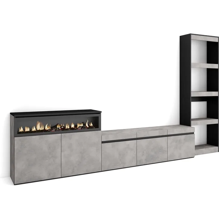 Skraut Home | Wohnwand Wohnzimmer | Wohnzimmermöbel, Möbelset | 310 x 186 x 35 cm | Für TV-Geräte bis zu 65" | Elektrokamin. | Moderner Stil | Zement