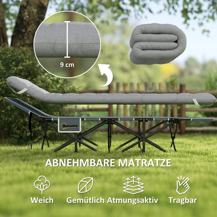 Feldbett faltbar Campingbett mit Matratze Kopfkissen Seitentasche 185 x 68 x 37 cm bis 150 kg Hellgrau--Hellgrau--37x68x185cm--YOUDENOVA – Bild 6