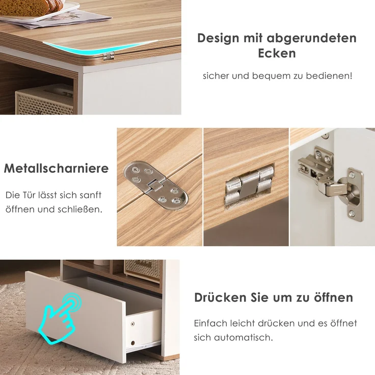 Höhenverstellbarer Couchtisch, Weiß & Holz, 100x51x47 cm, mit 2 Schubladen – Bild 5