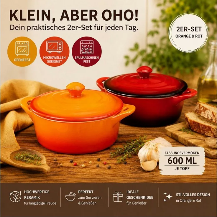 Koopman Ofenschale Auflaufform Gartopf Ofenform 2 Farben Keramik 2 Stk, Keramik, (Set, 2-St, Packung), 2er Set, mit Deckel, Keramik, Orange + Rot