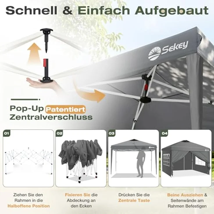 Sekey Pop Up Pavillon Wasserdicht Stabil Winterfest mit Seitenwänden, Faltpavillon 3 x 3 m, Camping Pavillion Faltbar Partyzelt mit Belüftung, Designer Serie 3x3, (Grau, 3x3 Mit Seitenwänden) – Bild 2