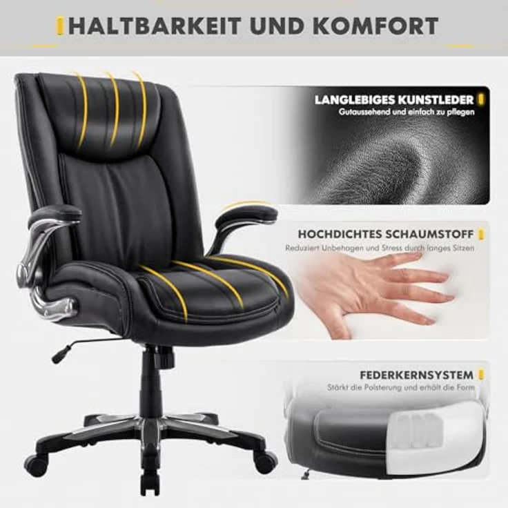 COLAMY Chefsessel Bürostuhl 181kg, Großer Ergonomischer Chefsessel Leder, Breiter Sitz, Klappbare Armlehnen, Höhenverstellbar für das Homeoffice, Schwarz – Bild 6