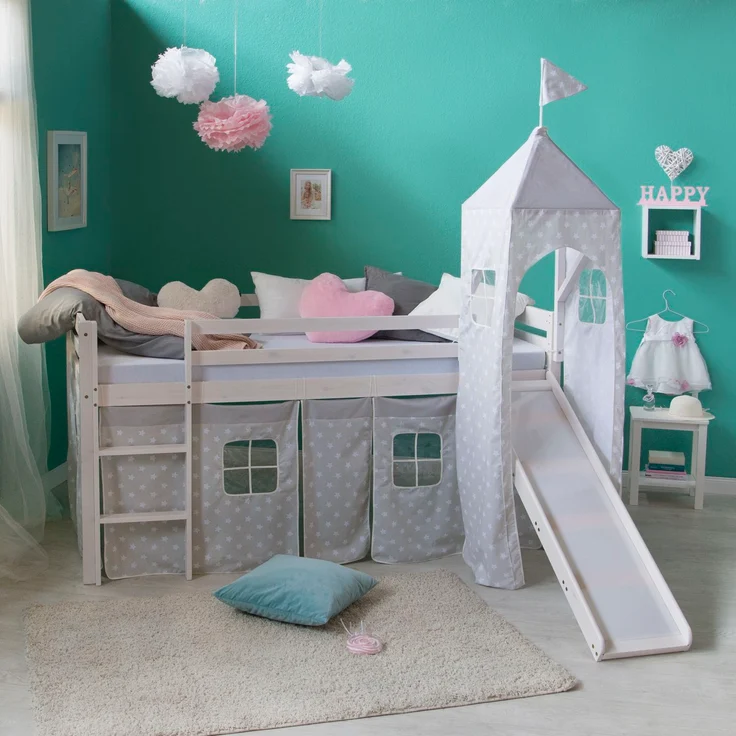 Hochbett mit Lattenrost 90x200 Turm Rutsche Stockbett Kinderbett Holz Kiefer Vorhang grau Sterne – Bild 2