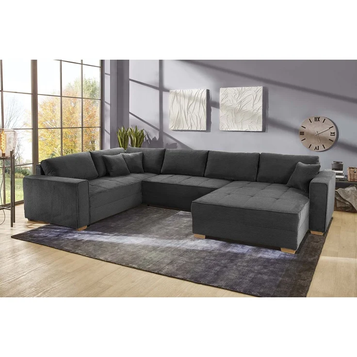 Wohnlandschaft U-Form Sofa Schlaffunktion Couch Bettkasten Cord Dunkelgrau – Bild 4