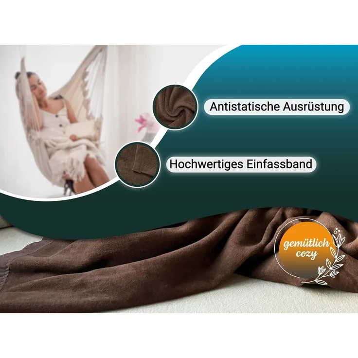 ZOLLNER Kuscheldecke mit Einfassband, 220x240 cm, braun – Bild 4