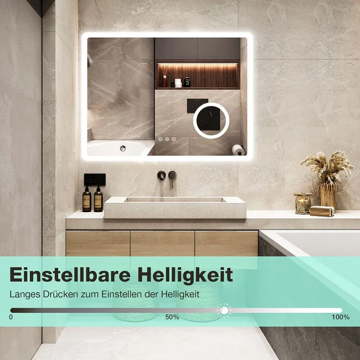 Gimbelen LED Badspiegel 80x60 cm, rechteckig, mit 3 Lichtfarben & Dimmfunktion, 3-fach Vergrößerung, Rasiersteckdose, Antibeschlag & Speicherfunktion, IP44, Silber – Bild 7