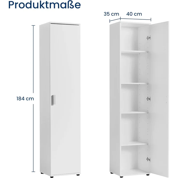 Home Collective Mehrzweckschrank Schmaler 40 cm breit mit 1 Tür & 4 Einlegeböden (Universalschrank Haushaltsschrank für Haushalt, Flur, Büro oder Schlafzimmer) 40x35x184 cm (BxTxH), Weiß – Bild 2