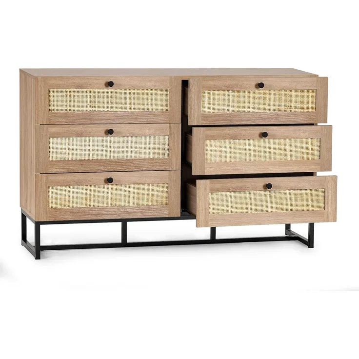 Julian Bowen Padstow Kommode mit 6 Schubladen, Eiche, Melamin mit Rattanfront und Metallsockel, Oak, 6 drawer