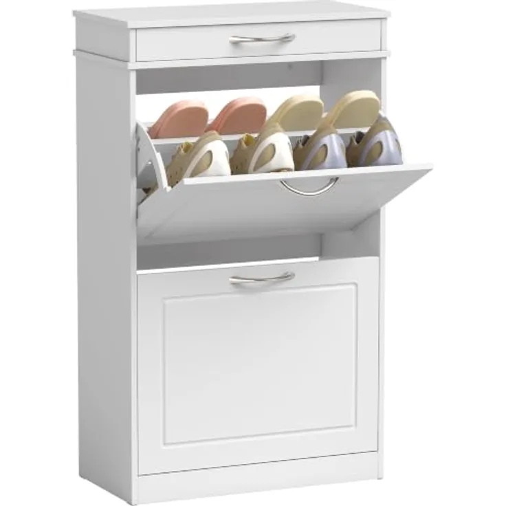 HOMCOM Schuhkipper Schuhschrank mit 2 Klappen für 8 Paar Schuhe, schmal und wasserabweisend, Weiß, 53 x 26,5 x 89 cm