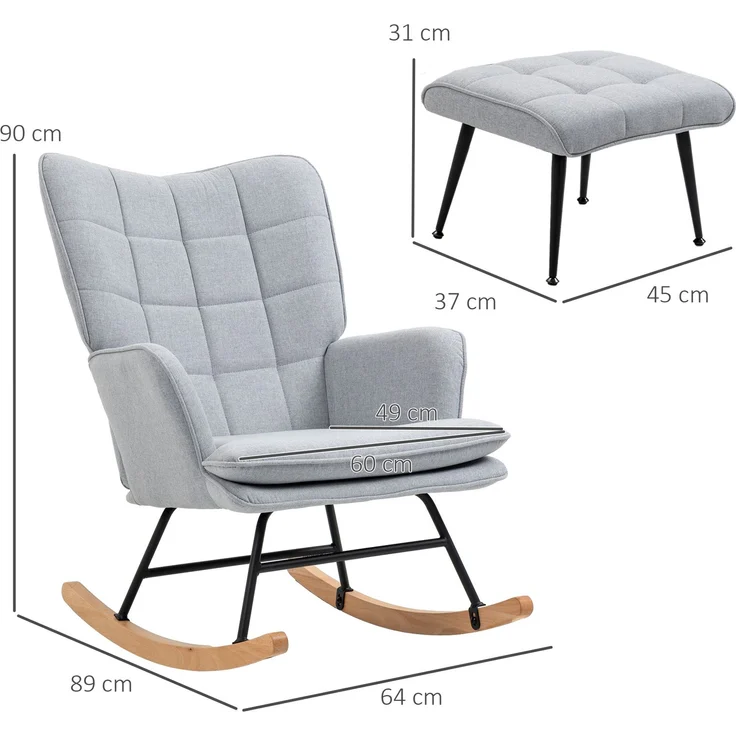 Schaukelstuhl Set mit Fußhocker Geflügelte Rückenlehne Massivholz Beinen 130 kg Tragkraft Hellgrau – Bild 6