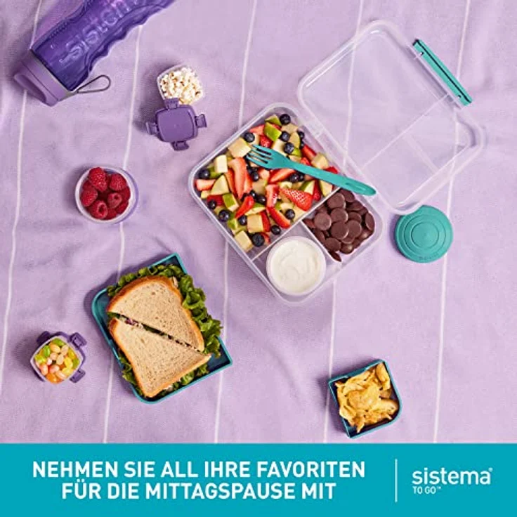 Sistema Bento Box TO GO Brotdose mit Fächern | 1,65 L Lunchbox mit Joghurt- /Fruchtbehälter | Lunchbox Kinder & Erwachsene | Lila – Bild 4