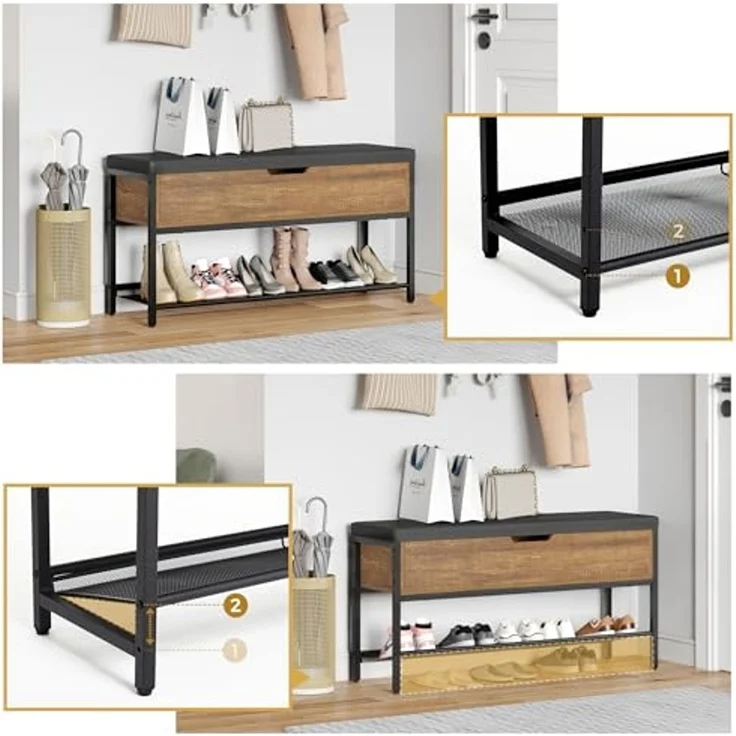 Mondeer Schuhbank Aufbewahrungsbank (2 Etagen), mit Verstellbarem Regal, mit gepolstertem Sitz und verdeckter Lagerung – Bild 5
