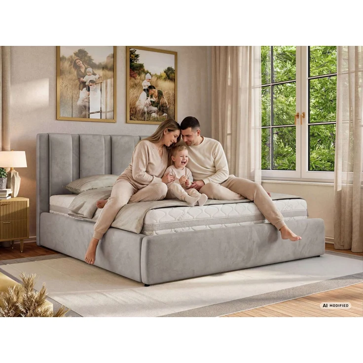 Polsterbett SAVINO CLASSIC mit Bettkasten und Lattenrost Doppelbett 180 x 200 cm mit hohem Kopfteil Stauraumbett Bett mit Gasdruckfeder - Hellgrau Plüsch - Pocket Matratze - VIRE LUX – Bild 3