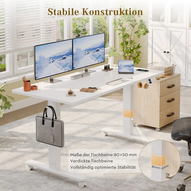 Devoko Höhenverstellbarer Schreibtisch Holzwerkstoff und Metall Weiß 140 x 80 x 72-118 cm – Bild 7