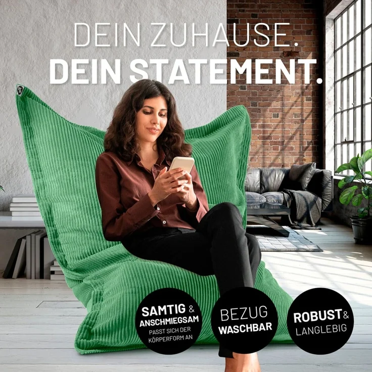Lumaland Sitzsack Classic XXL Cord | Riesen Sitzsack XXL mit Softer Rippenstruktur – ideal zu Cord Sofa & Sessel Indoor Bean Bag für Wohnzimmer, Schlafzimmer & Co. - 380 L, 140x180 cm – Bild 3