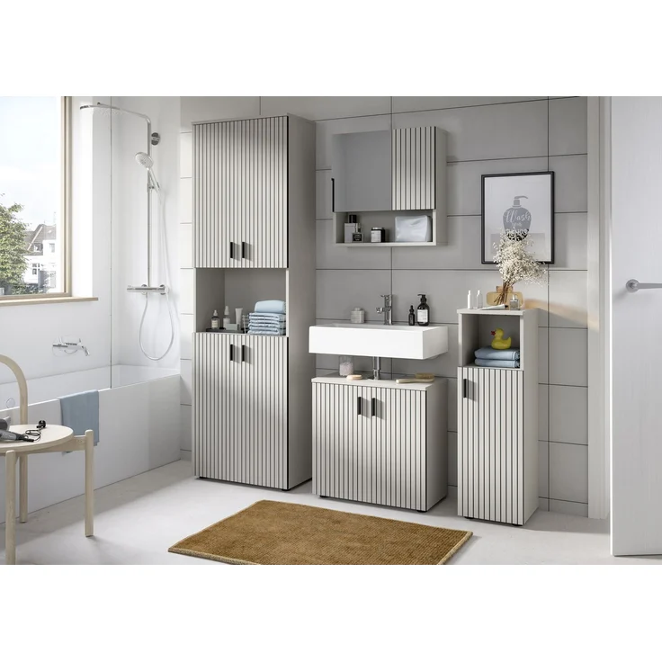 xonox. home – Badkombination Mone 135 x 192 x 30 cm in Kaschmir Nachbildung – 3-teiliges Set mit Badschrank, Waschbeckenunterschrank & Spiegelschrank – funktional & vielseitig kombinierbar – Bild 5