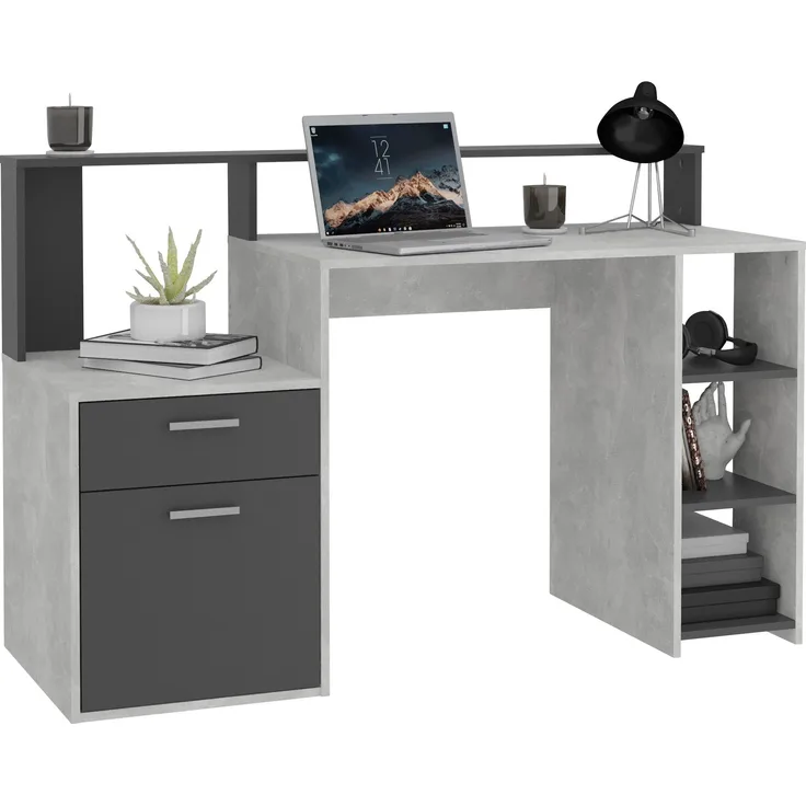Schreibtisch >BOLTON< in Beton LA - Anthrazit - 138,5x91,6x53,5cm (BxHxT)
