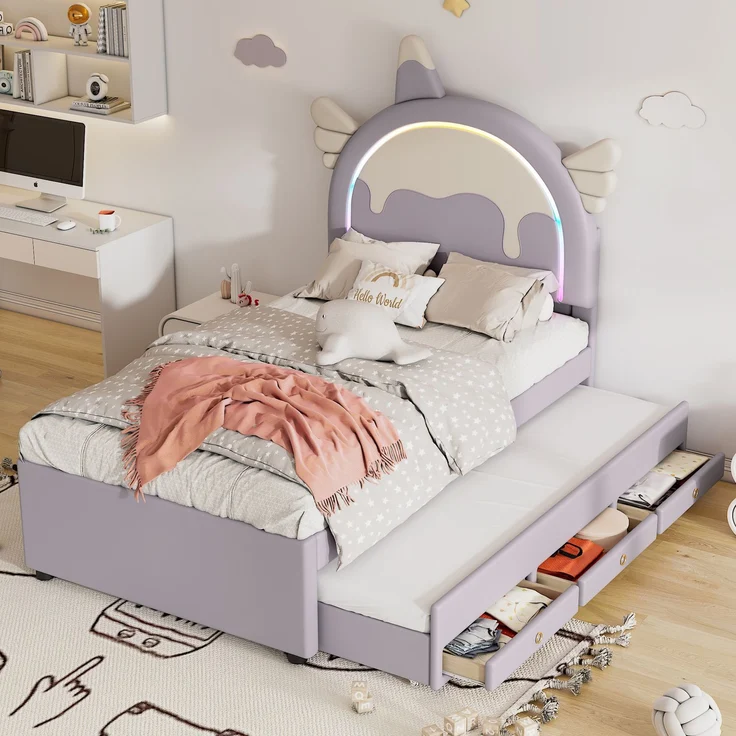 ViolettKinderbett 90x200 cm in Einhornform mit ausziehbarem Rollbett und Schubladen,Cartoon Bett violett,süßes Einhornbett mit stabilem Rahmen – Bild 2