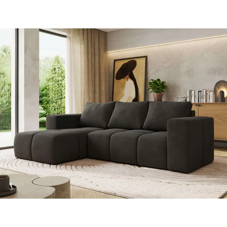 Ecksofa mit Schlaffunktion und Bettkasten, L-form Couch, lose Kissen, Polstersofa - MONIVA - Dunkelgrau Velours - linke Seite