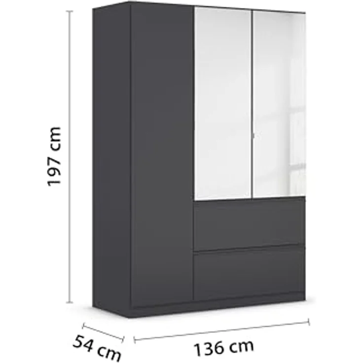Rauch Möbel Costa, Kleiderschrank für Schlafzimmer, Kinderzimmer, Babyzimmer, Garderobe, 3-türig, Spiegel, 2 Schubladen, Push-to-Open, Zubehör Classic, Farbe Grau metallic, Schwarz, Breite 136 cm – Bild 3