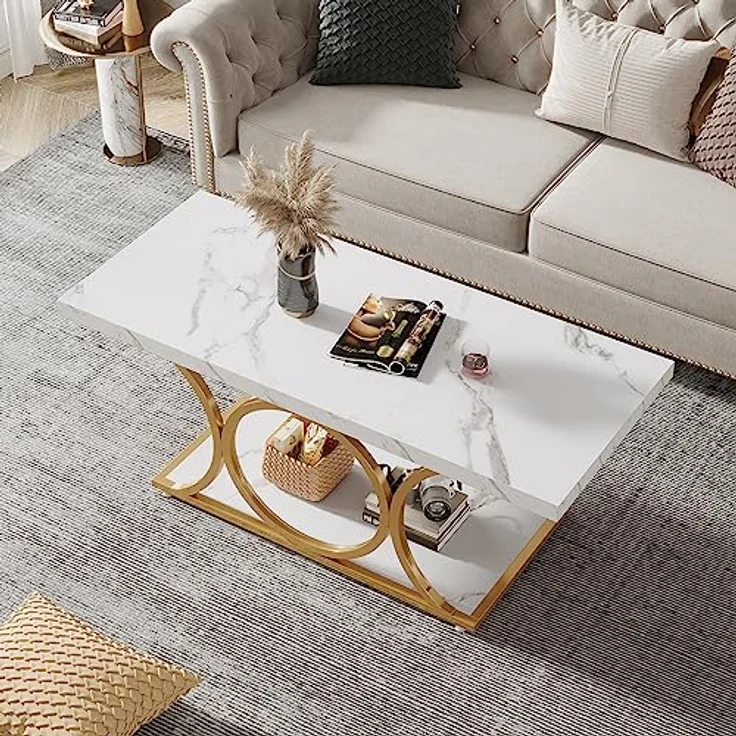LITTLE TREE Weißer rechteckiger Couchtisch, 119 cm, moderner Couchtisch für Wohnzimmer, 2-stöckiger Couchtische aus Kunstmarmor, mit Stauraum, großer Mitteltisch mit goldfarbenen Metallbeinen – Bild 5