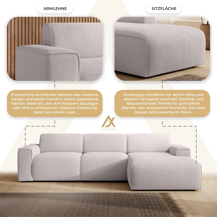 AX LIVING Couch Sofa L Form Didim mini Creme 310 cm breit, stilvoll R – Bild 2