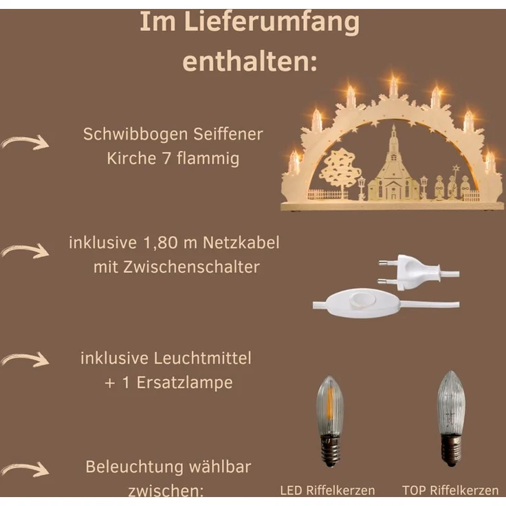 Weigla LED Schwibbogen Seiffener Kirche, Lichterbogen aus Holz, NATUR, Made in Germany (1-tlg), Erzgebirge garantiert, Weihnachtsdeko Innen, Weihnachtsbeleuchtung – Bild 2