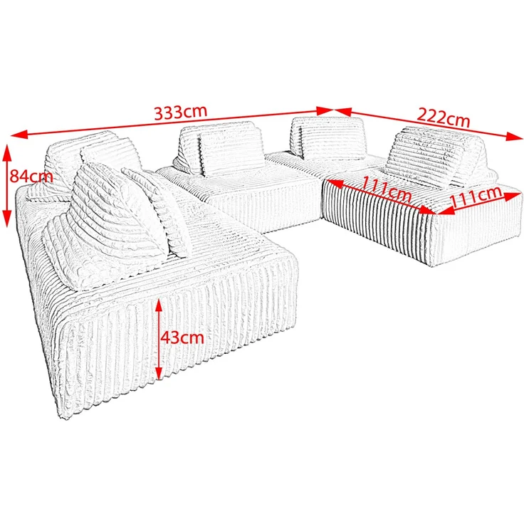 KAWOLA Modulsofa WIOLO SOFT 5 Module 5 Rückenkissen Weicher Breitcord cremeweiß 84 x 222 x 333 cm – Bild 10