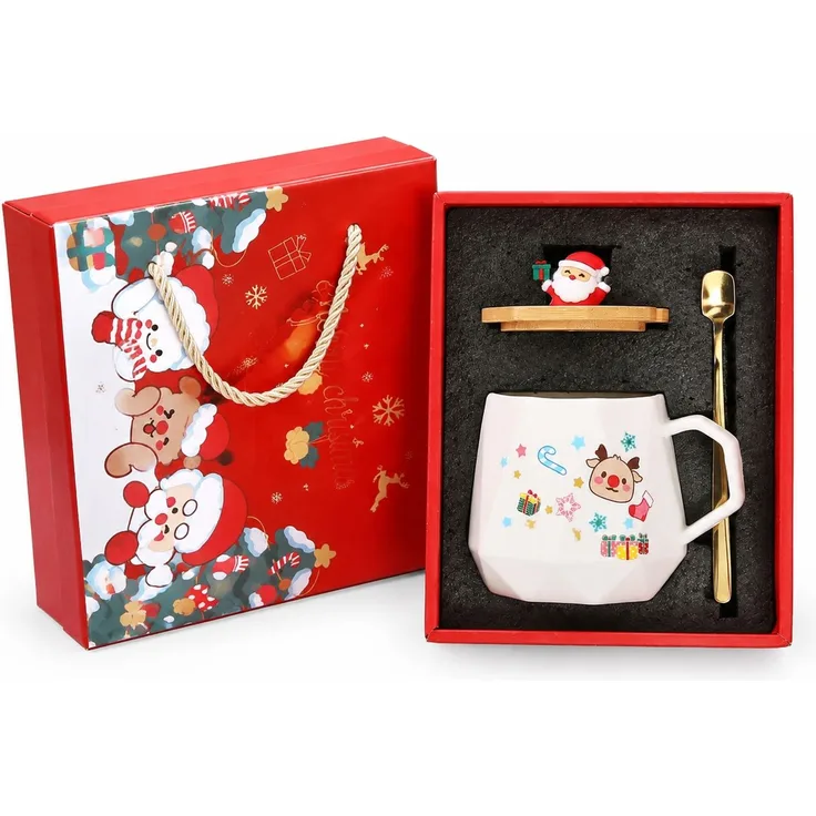 Weihnachtstasse Geschenkset mit Deckel und Löffel Weihnachtsmann Becher Rot 28 x 16 x 23 cm