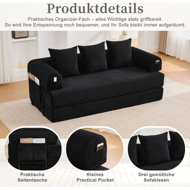ZUBALIYA Ecksofa 94x67 cm, mit Leiter, mit Cordbezug, mit breiten Armlehnen, modular aufgebaut, mit Schaumstoffpolsterung, Schwarz – Bild 3