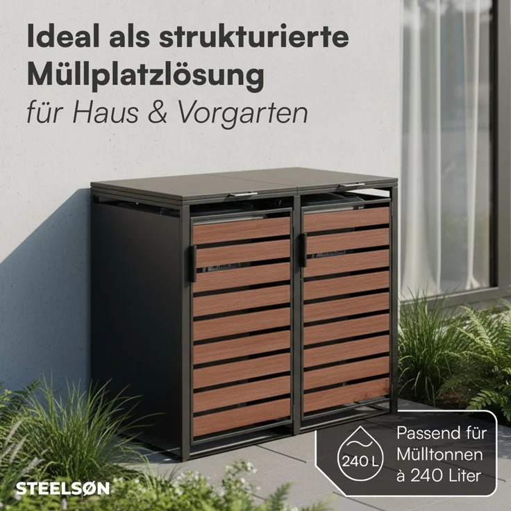 STEELSØN 'Kestra' Mülltonnenbox 2er je 240 Liter, graphitschwarz mit Nußbaum-Holzoptik, Mülltonnenverkleidung aus Stahl, wetterfest, 116x80x134 cm, Müllbox für 2 Tonnen – Bild 3