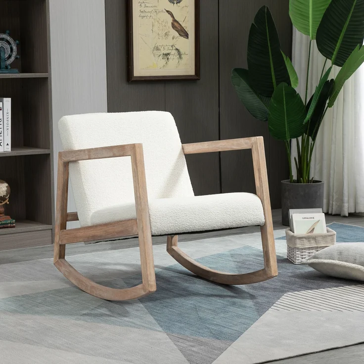 MELAYR, Schaukelstuhl mit Holzrahmen gepolstert Relax Stuhl Sessel Stuhl Wohnzimmersessel, 60 x 81 x 71 cm, Cremeweiß – Bild 3